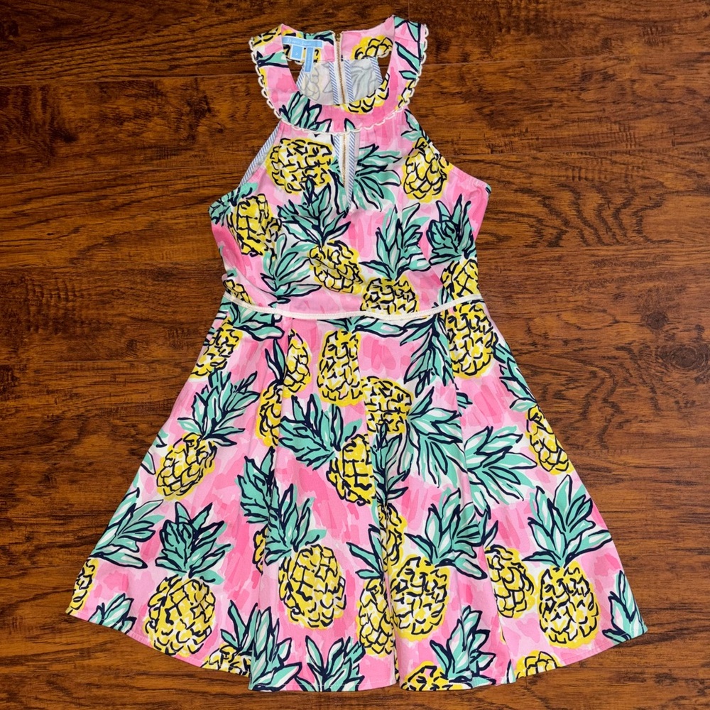 Draper James Pink Pineapple Halter Dress Women’s 2 Cotton Sleeveless Keyhole